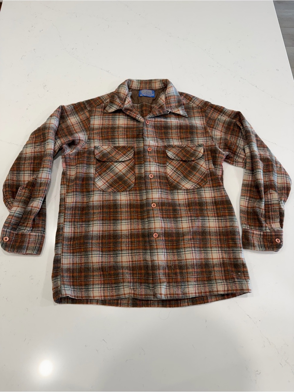 Pendleton Men’s Vintage Brown & Cream Plaid Wool Board Shirt - Large